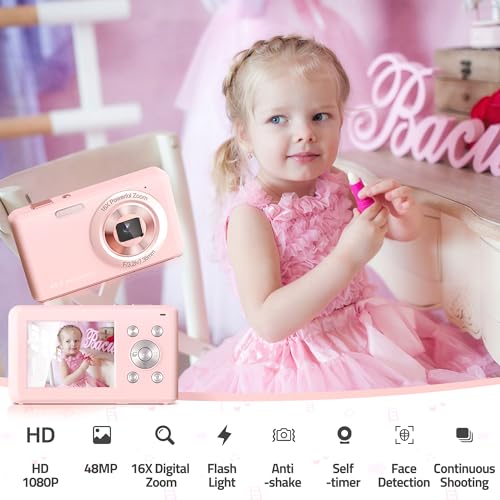 Image of Digital Camera, FHD 1080P Compact Camera with 32GB Card，48MP Camera 2.4'' LCD 16X Digital Zoom for Kid Student Children Teen Girl Boy(Pink)