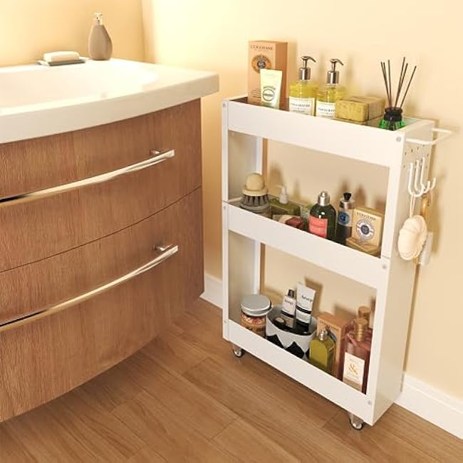 Slim Storage Cart, 5 in Width, 3-Tier White Rolling Cart with Handle for Kitchen Bathroom Laundry Narrow Places-ArhhZwGk