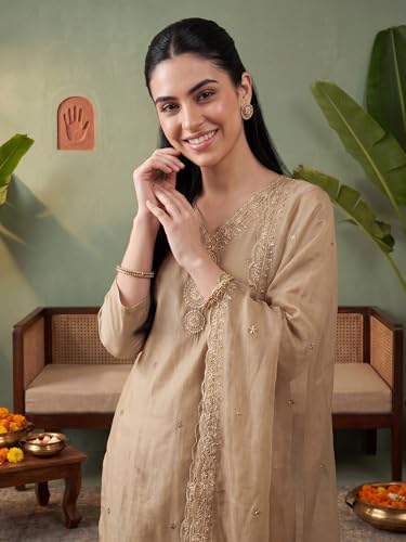 Image of INDO ERA Women's Silk Blend Ethnic Motifs Embroidered Thread Work Straight Kurta & Pant with Dupatta Set (Beige IEBBAI372 Large)
