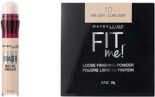Maybelline Instant Age Rewind Eraser Dark Circles Treatment Multi-Use Concealer,110 Fair, 0.2 Fl Oz (Pack of 1) Packaging May Vary & New York Fit Me Loose Finishing Powder, Fair Light, 0.7 oz.
