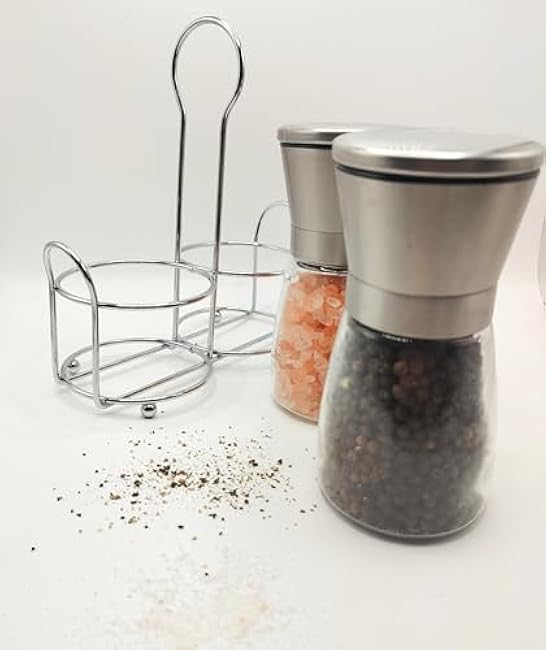 2 pack Salt and Pepper Grinder Set Steel Manual Spice Adjustable Coarseness with Five Grinding Level Pepper Mill Grinders Shakers Set with Silicone Funnel