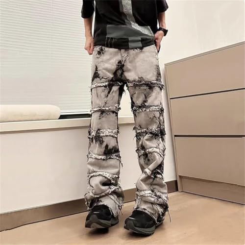 Men Tie Dye Y2K Baggy Stacked Jeans Pants Clothing Straight Vintage gray9 Long Trousers2