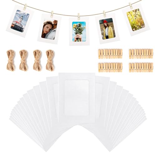 30 Piezas Marco de Fotos de Papel Kraft con Cuerda y Pinzas, 11,5 x 15,5 cm DIY Marco de Foto de Cartón, Se Adapta a Fotos de 6x4 Inch, Marcos de Fotos Colgantes para decoración, Blanco