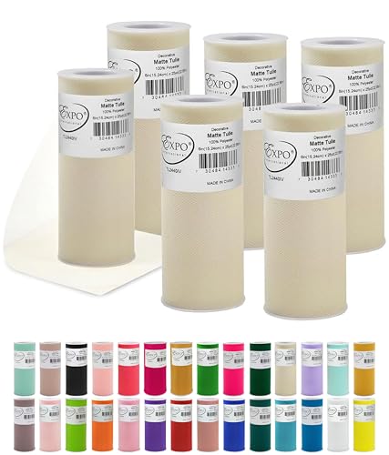 Image of Expo International Decorative Matte Tulle, Roll /Spool of 6 Inch x 25 Yards (Pack of 6), Polyester-Made Tulle Fabric, Matte Finish, Lightweight, Versatile, Washable, Easy-to-Use, Ivory