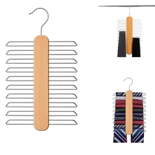 BOBOZHONG Wooden Tie Hanger for Wardrobe – 20 Non-Slip Chrome Bars Tie Organiser & Belt Rack with 360° Swivel Hook, Space-Saving Storage for Ties, Belts, Scarves (30cm x 15cm)
