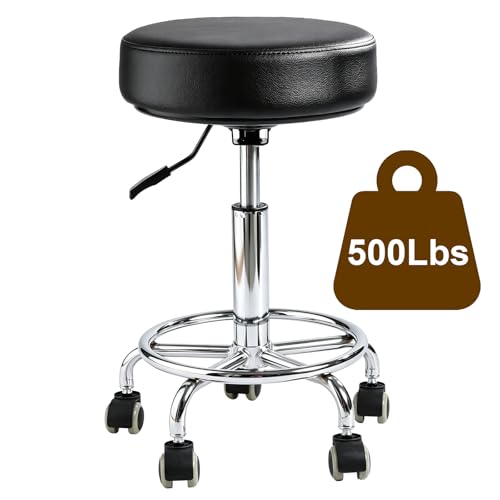 Rolling Stool with Wheels, Thick 7.5cm Cushion Professional Swivel Drafting Stool, Height Adjustable Heavy Duty 500 lb Stool with Silent Casters and Foot Ring for Salon Tattoo Clinic Home Office