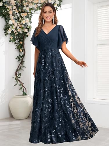 Mother of The Bride Dresses for Wedding Chffion Sequin Lace V-Neck Ruched Long Formal Dress2