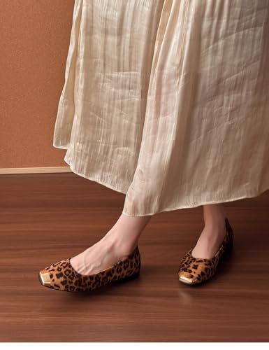 ZQW Women’s Leopard Print Ballet Flats Metal Square Toe Elegant Office Shoes Comfort Commute Wear Daily Work Slip On Shoes3