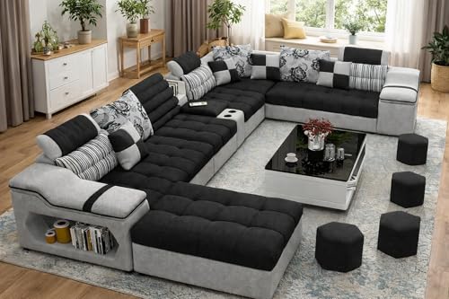 Image of Avion COMFORA U Shape 12 Seater Sofa Set for Living Room | Interchangeable U-Shaped Sectional Sofa Set with Cup Holder with 4 Puffy for Living Room & Office