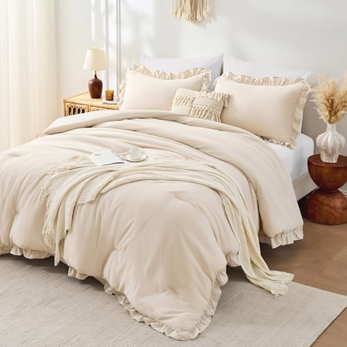 Image of FUANNA Queen Comforter Set Beige 3 Pieces, Ruffle Shabby Chic Queen Bed Set, Fluffy Lightweight Soft Bed in a Bag Queen for All Seasons, Farmhouse Bedding Comforter Sets(1 Comforter & 2 Pillowshams)