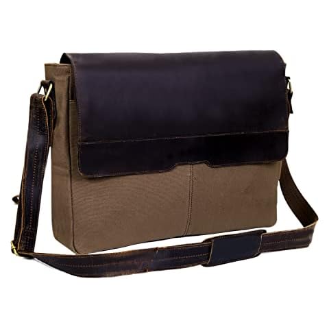 18" Vintage Leather Canvas Half Flap Messenger Handmade Bag Laptop Bag Satchel Bag Padded Messenger Bag School, Brown, L Cover