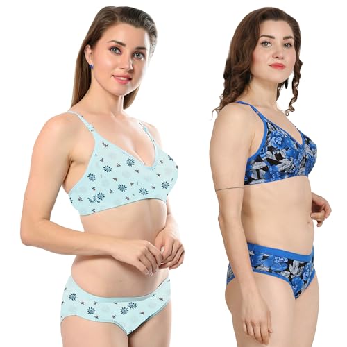Image of Solid Printed Polka Cotton Bra & Panty Lingerie Set Combo for Women S to 3XL