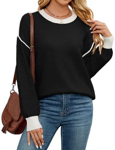 WEACZZY Women's 2025 Fall Fashion Crew Neck Long Sleeve Oversized Color Block Sweaters Ribbed Knit Side Slit Pullover Tops3