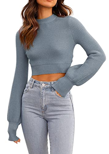 Image of Womens Sexy Crew Neck Cropped Sweaters Knit Long Sleeve Crop Tops Pullover | Ribbed Knit, Long Sleeve, Crop Tops, Pullover,Crew Neck