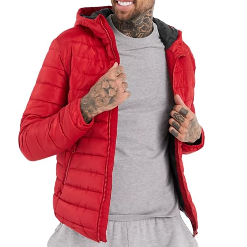 JACK & JONES Mens Hooded Padded Jacket 100% Polyester Full Zip Red Outdoor Jacket, Red Colour, Size- M