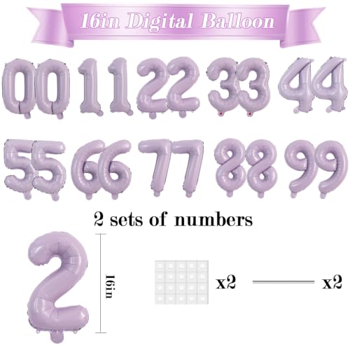 Image of TONIFUL 2 Set Baby Purple Number Balloons 16 Inch 0-9 Mylar Foil Balloons 20 Pcs Pastel Purple Small Custom Digital Ballons for Gender Neutral Birthday Baby Shower Easter Party Decorations