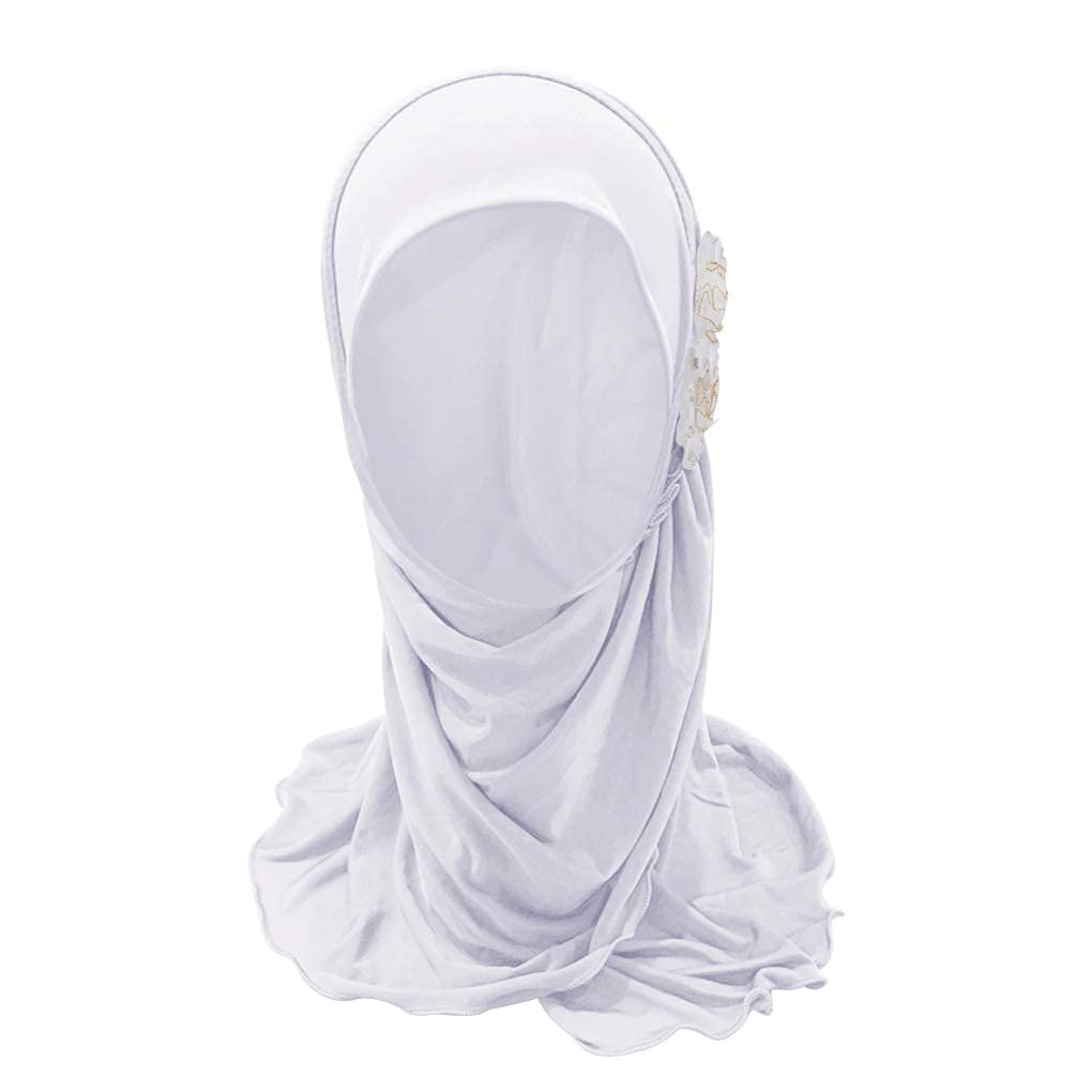 OhMill Hijab à Enfier pour Filles Musulmanes de 2 à 7 Ans Voile Islamique Long pour Petites Filles Hijab Foulard Moderne en Soie avec Décorations de Fleures