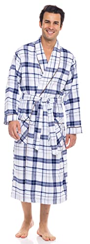 AMERICAN HEAVEN Mens Flannel Fleece Robe | Soft Cotton Shawl Collar Full Length Plaid Robe (2X-Large - 3X-Large White/Blue Plaid)