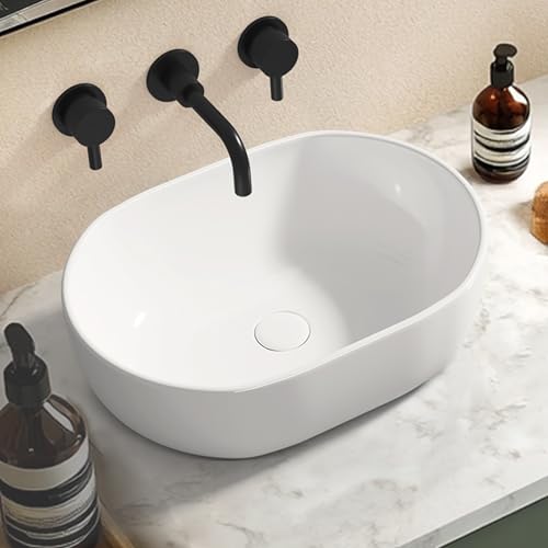 Eridanus Vitreous China Washbasin, Rectangular White Gloss Ceramic Basin for Bathroom Countertops, Perfect for Cloakroom Vanity Sinks, 480 x 340 x 145mm