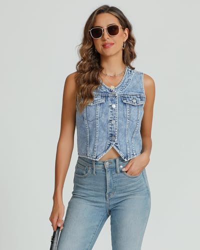 Kedera Women's V Neck Denim Vest Asymmetrical Hem Sleeveless Button Front Jean Vests Crop Tops with Pockets2