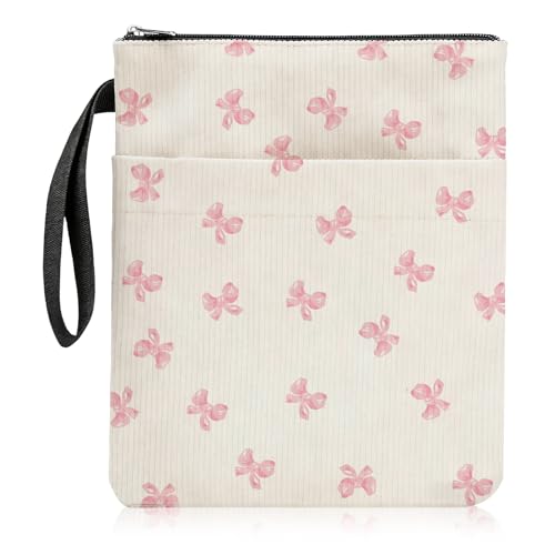 Buchhülle mit Rosa Schleife Design Buchhülle mit Reißverschluss und Trageband Außen Buchtasche aus Weichem Kordstoff für Hardcover Taschenbuch Ideales Geschenke für Leseratten