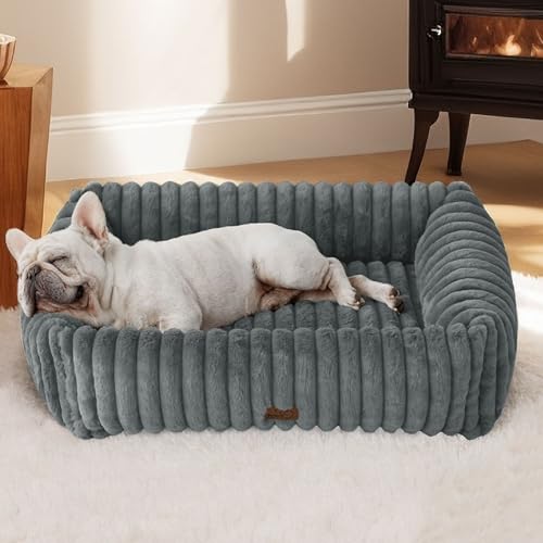 Image of Bedsure ComfyFleece Dog Bed Medium Large Size Dog Washable,30in Warm Grey | Furry Puppy Beds,Rectangle Cute Orthopedic Corduroy Aesthetic Pet Beds,Removable Zipper Cover,Non-Slip Bottom,Up to 40 Lbs