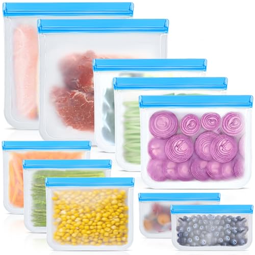 Reusable Silicone Food Storage Bags, 10 Pack 4 Size Leak proof Dishwasher Safe Reusable Freezer Bags for Food Storage Containers, Lunch Bag for Sandwich, Marinate Meat, Fruit