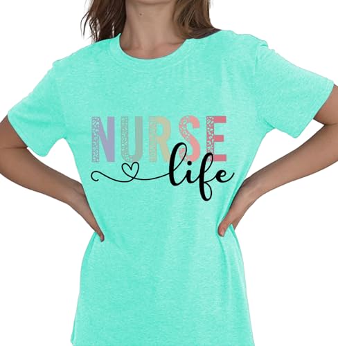 Image of Women Nurse Shirts Nursing Life Letter Short Sleeve Register Nurses Inspirational Tee