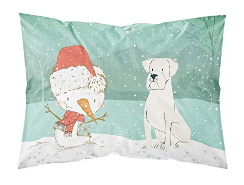 Caroline's Treasures CK2034PILLOWCASE White Boxer and Snowman Christmas Fabric Standard Pillowcase Lightweight Super Soft Easy Care Decorative Artwork Pillowcase, Standard