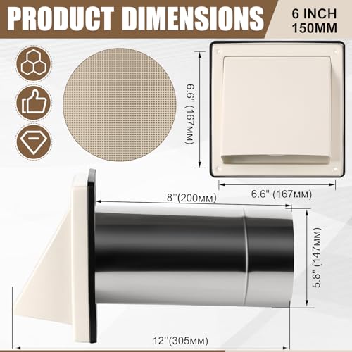 Image of Gisafai 6 inch Dryer Vent Cover Outside with Stainless Steel Mesh Wall Dryer Exhaust Cap and Removable Extended Pipe Vent Shroud Hood Cushioned Non Return Flap with Sealing Gasket Grille(Tan)