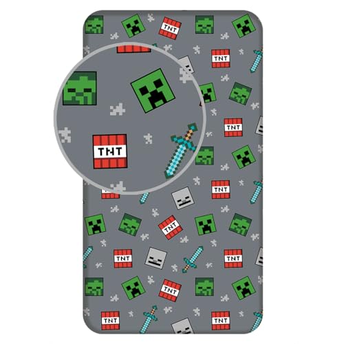 Minecraft Drap-housse pour enfants - 100 % coton | Taille simple 90 x 200 + 25 cm | Drap de lit en coton doux et respirant avec coins élastiques | Literie...