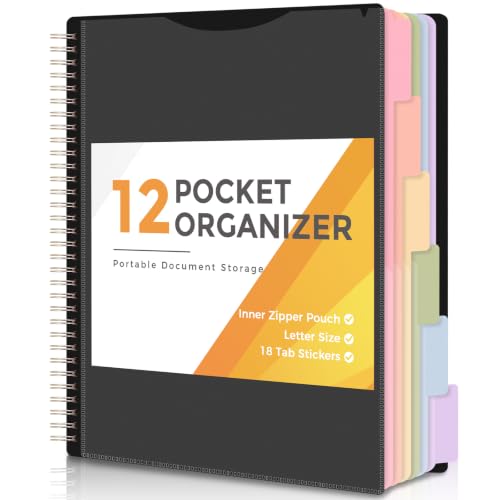 SKYDUE 12 Pocket Organizer, Spiral Multi Pocket Folder Binder with Dividers, Black Organize Notebook