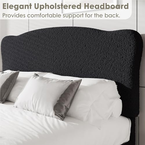 Image of GarveeHome Queen Size Bed Frame with Upholstered Headboard, Soft Low Profile Sturdy Platform Bed with Rounded Corners Design, Heavy Duty, Wooden Slats, Noise Free, No Box Spring Needed, Black
