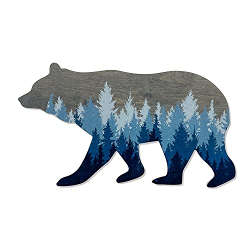 Image of Forest Bear Wall Sign, Adventure Woodland Theme, Rustic Nursery Decor, Man Cave Home Bedroom Cabin Office House Art Decorations, Hickory Hollow Designs… (Grey/Blue Pine Trees)