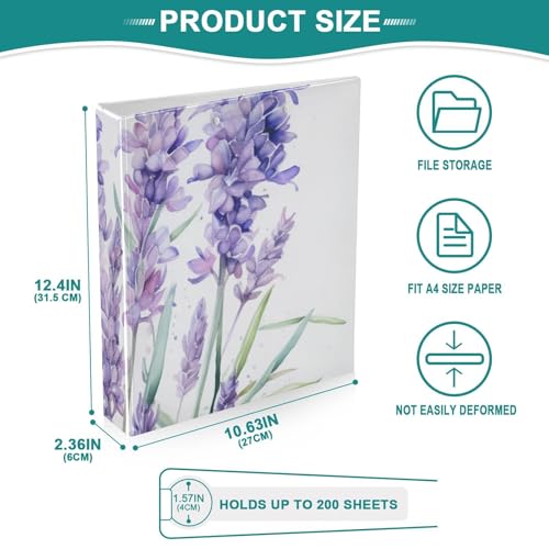Image of 3 Ring Binder Purple Lavender Flower C 1.5 inch Binders Three Ring Binders with Clipboard Fit 8.5'' x 11'' Paper 3 Interior PVC Clear Pockets for Office Supplies