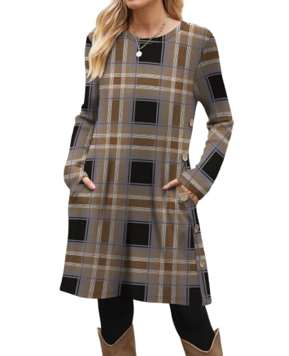 Image of OFEEFAN Fall Dresses for Women 2026 Crew Neck Long Sleeve Dress with Pockets