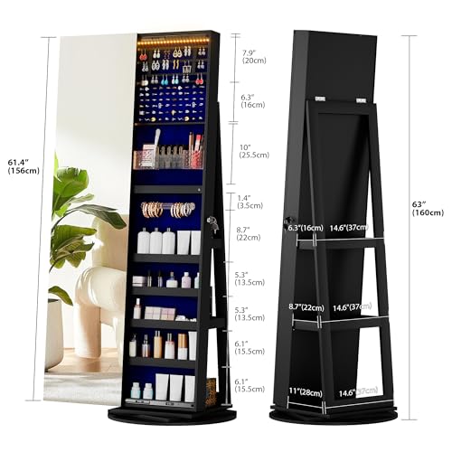 Image of LVSOMT LED Jewelry Cabinet with Sliding Full Length Mirror, Black | 360 Swivel Mirror with Storage, Lockable Jewelry Armoire Organizer with 22 Rear Shelves for Bedroom, Gift for Women