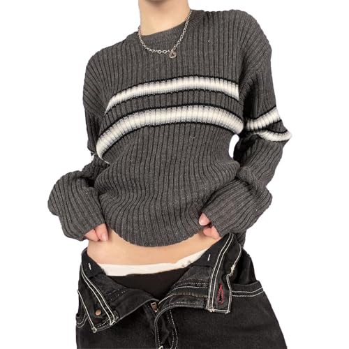 Women Vintage Striped Sweater Y2K Long Sleeve Crewneck Pullover Tops Grunge Oversized Knitwear