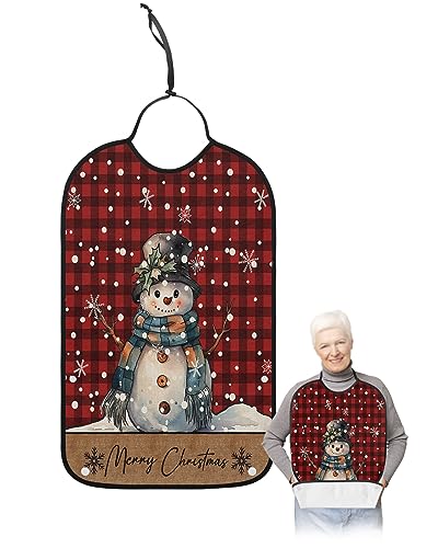 Christmas Snowman Adult Bibs for Eating, Waterproof Bibs with Food Catcher & Adjustable Snap Closure, Red Black Plaid Winter Snowflake Washable Clothing Protectors Adult Bibs for Elderly Women/Men