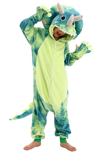 Loiahoer Kids & Teens Triceratops Onesie Costume Tie-dye Dino Halloween Costume Cosplay Costume Zipper for Girl and Boy Green S