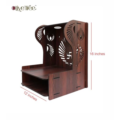 Image of Olive Tree Ethnic Wooden Pooja Mandir for Home Handcrafted Puja Stand | Wall Mounted with LED Spot Light | Mandapam, Pooja Ghar, Temple Office Decor - Walnut Size 12X12X16 Inch 1006