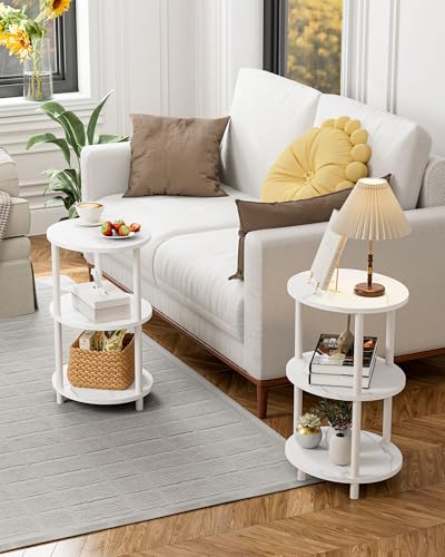 Image of Small Round Side Table - 3-Tier Oval Accent Table for Small Spaces, Rustic Wood and Metal Couch End Table, Nightstand for Bedroom or End Table Living Room, Easy to Assemble, Marble White