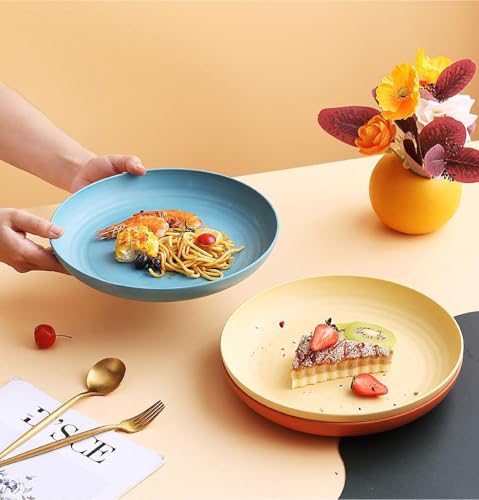 Image of Wheat Straw Plates For Home, Kitchens, Rvs, Pasta, Soup, Rice, Salad, Daily Use, Cereal, Sandwich, Bread Butter, Dessert, Cake, Noodles Dishwasher Microwave Safe (20cm+23cm, Random, Pack Of 6)
