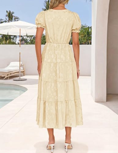 Image of ZESICA Womens Summer Floral Flowy Midi Dress 2026 Puff Short Sleeve V Neck Ruffle Tiered Beach Vacation Party Dresses