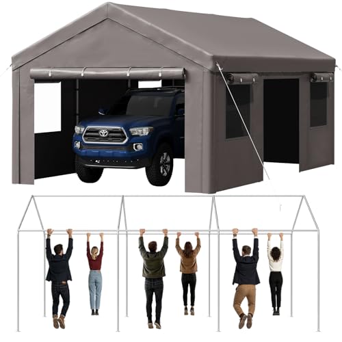 Image of Aoxun 12x20ft Heavy Duty Car Canopy, Portable Garage with Sidewalls & Side Roll-up Door, Waterproof Outdoor Storage Shed for Cars, Motorcycles & Garden Equipment, Gray