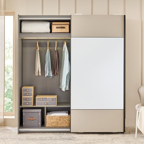 Image of Home Centre | Tiffany 2-Door Sliding Wardrobe with Mirror- Grey | Full Length Mirror for Home | Engineered Wood | Grey | 1 Year Warranty
