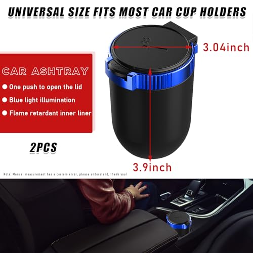 Image of Dickno 2 PCS Car Ashtray with Lid, Detachable Stainless Smokeless Auto Ashtray, Portable Mini Vehicle Trash Can with LED Blue Light, Universal Interior Accessories for Cup Holder (Blue)