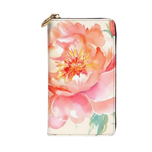 Peach Peony Wallet for Men Women Long Purse Leather Clutch Large Business Handbag Travel Phone Holder Credit Card Holder Money Case with Zipper Leather Wallets Gift2
