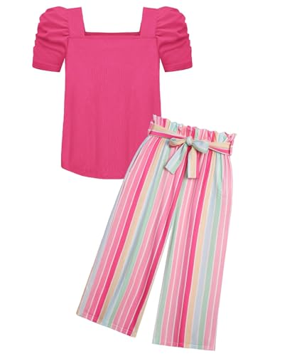 Arshiner Mädchen Tshirt mit Hose Set Kinder Mode Baumwolle Bekleidungssets Blasenärmeliges Oberteil mit Bedruckter Freizeithose Zweiteilig Outfits für Mädchen 9-10 Jahre 140