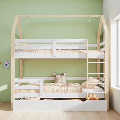 Sapgaks Lit cabane Enfant 90x200 avec Grands tiroirs,lit Mezzanine 90x200,lit superposé 2 Places,en Forme de Maison,en Bois de pin pour Enfant,Blanc+Bois